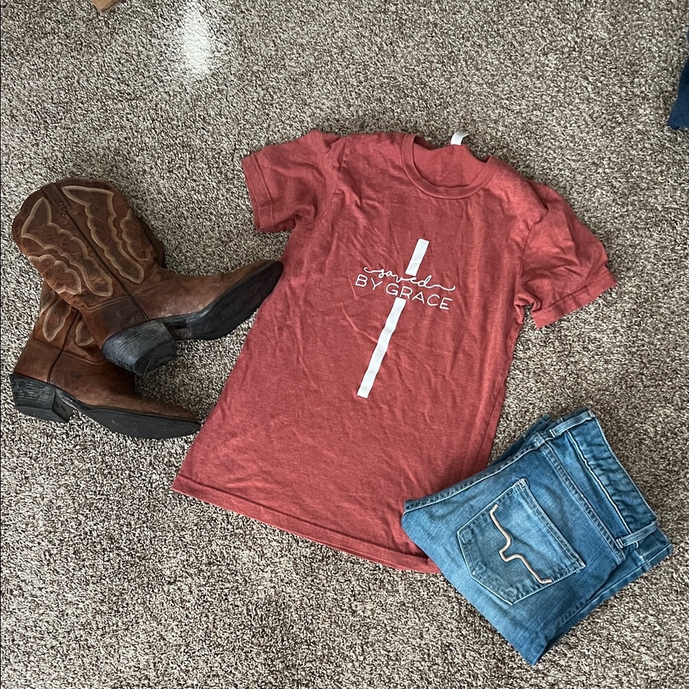 Heather Red Saved By Grace Christian Shirt xs